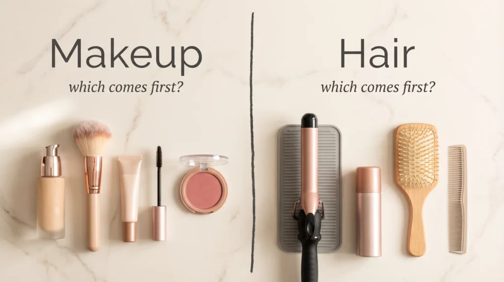Flat-lay of makeup products on the left and hair styling tools on the right asking which comes first