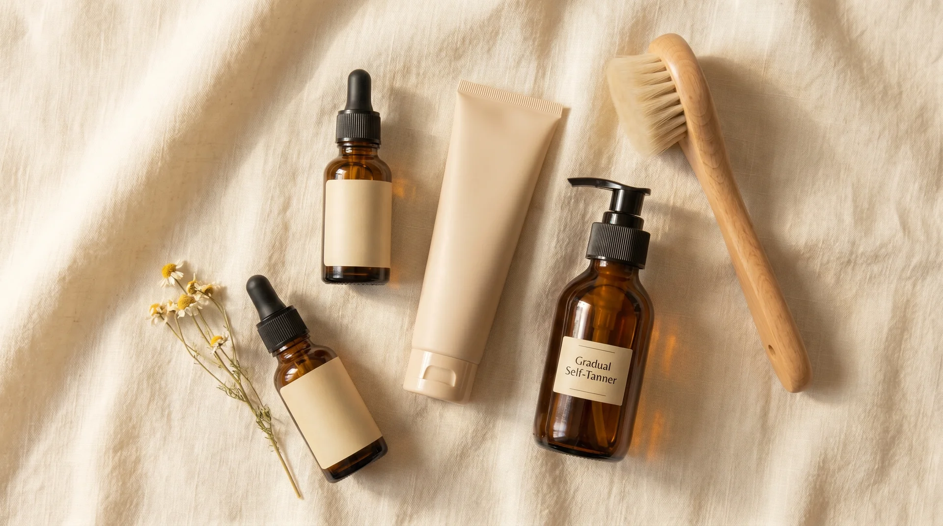 Flat lay of modern gradual self-tanner bottles and skincare products on warm cream linen