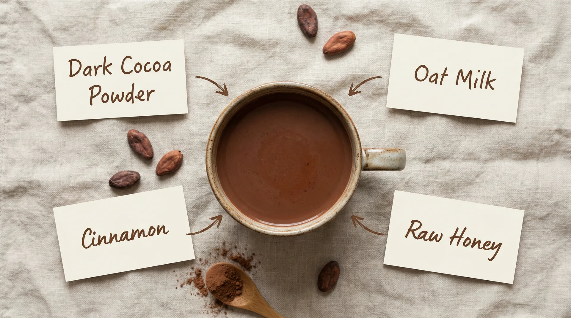 Flat-lay of sore-throat hot chocolate with labeled ingredients: dark cocoa, oat milk, raw honey, cinnamon