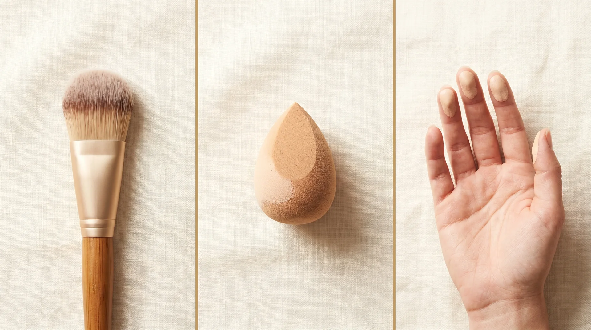 Flat lay of three foundation tools on cream linen: flat brush, damp beauty sponge, and fingertips shown side by side
