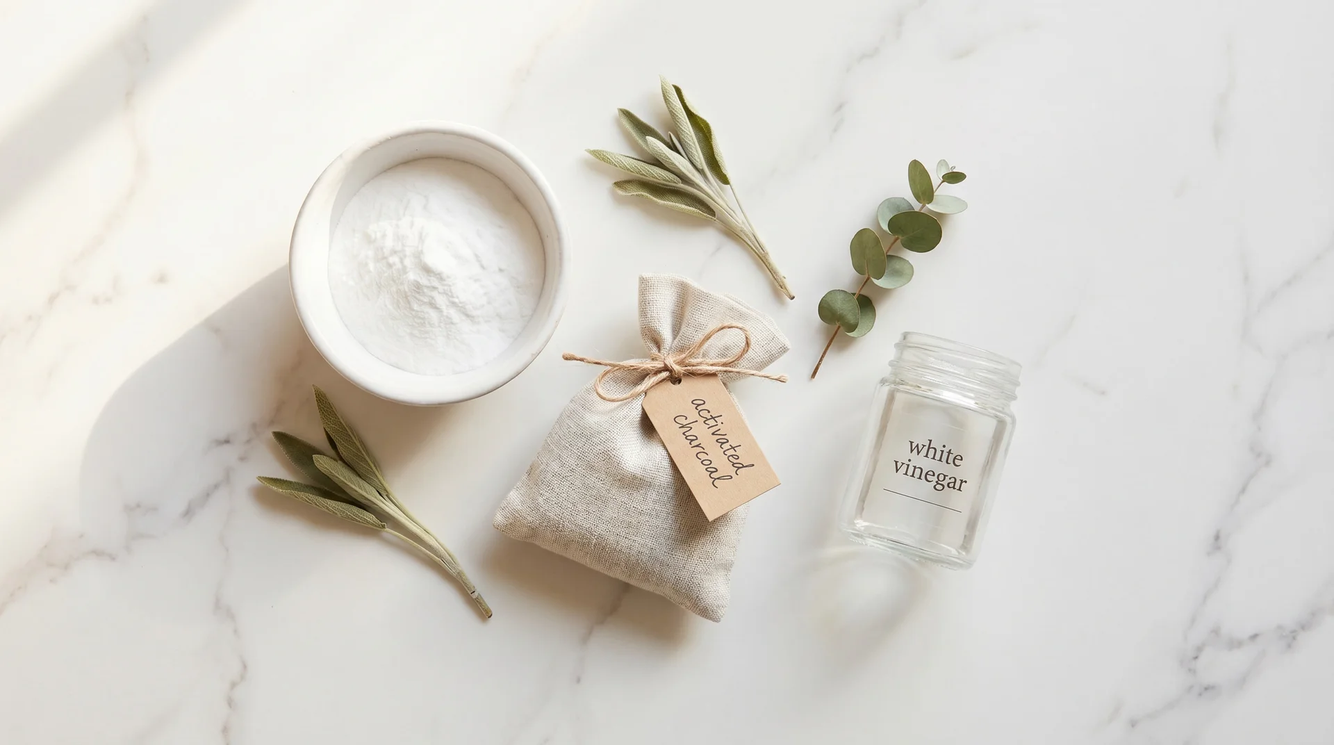 Flat lay of three natural paint fume absorbers: baking soda bowl, activated charcoal bag, and a jar of white vinegar
