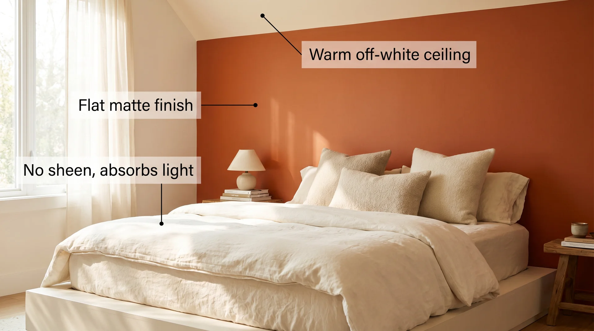 Flat matte burnt orange headboard wall with annotated finish detail, cream linen bed, and warm natural light