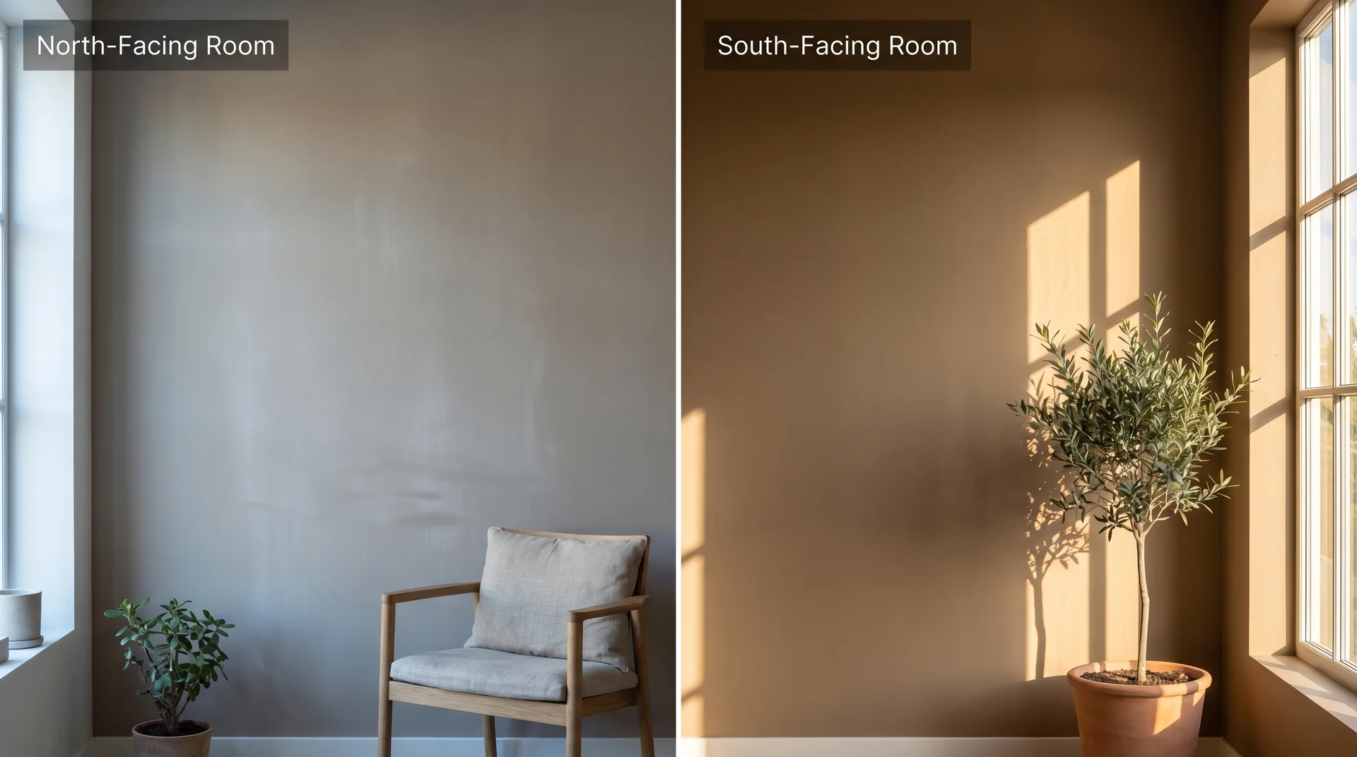 Flat-painted wall in north-facing cool light appears chalky, the same wall in south-facing warm light appears rich
