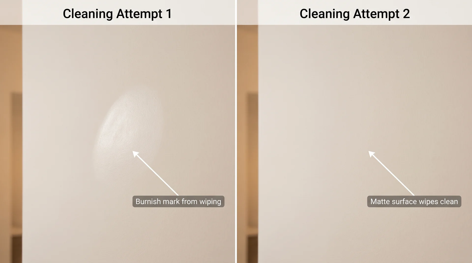 Flat-painted wall with a visible burnish mark after cleaning versus matte-painted wall that wiped clean without marks
