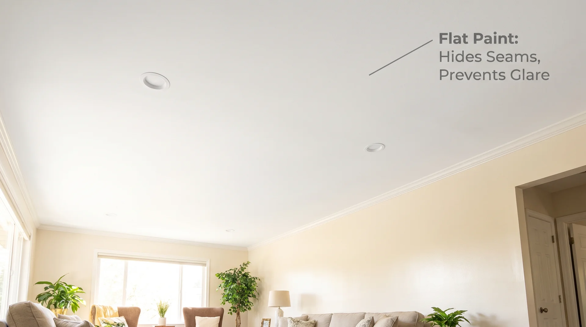 Flat white ceiling showing a smooth, matte, non-reflective surface with no visible seams or glare from recessed lighting