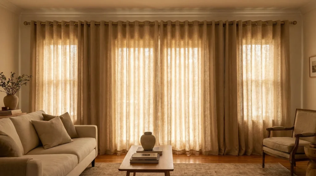 Floor-length linen grommet curtains on brass rod in a modern living room with soft natural light