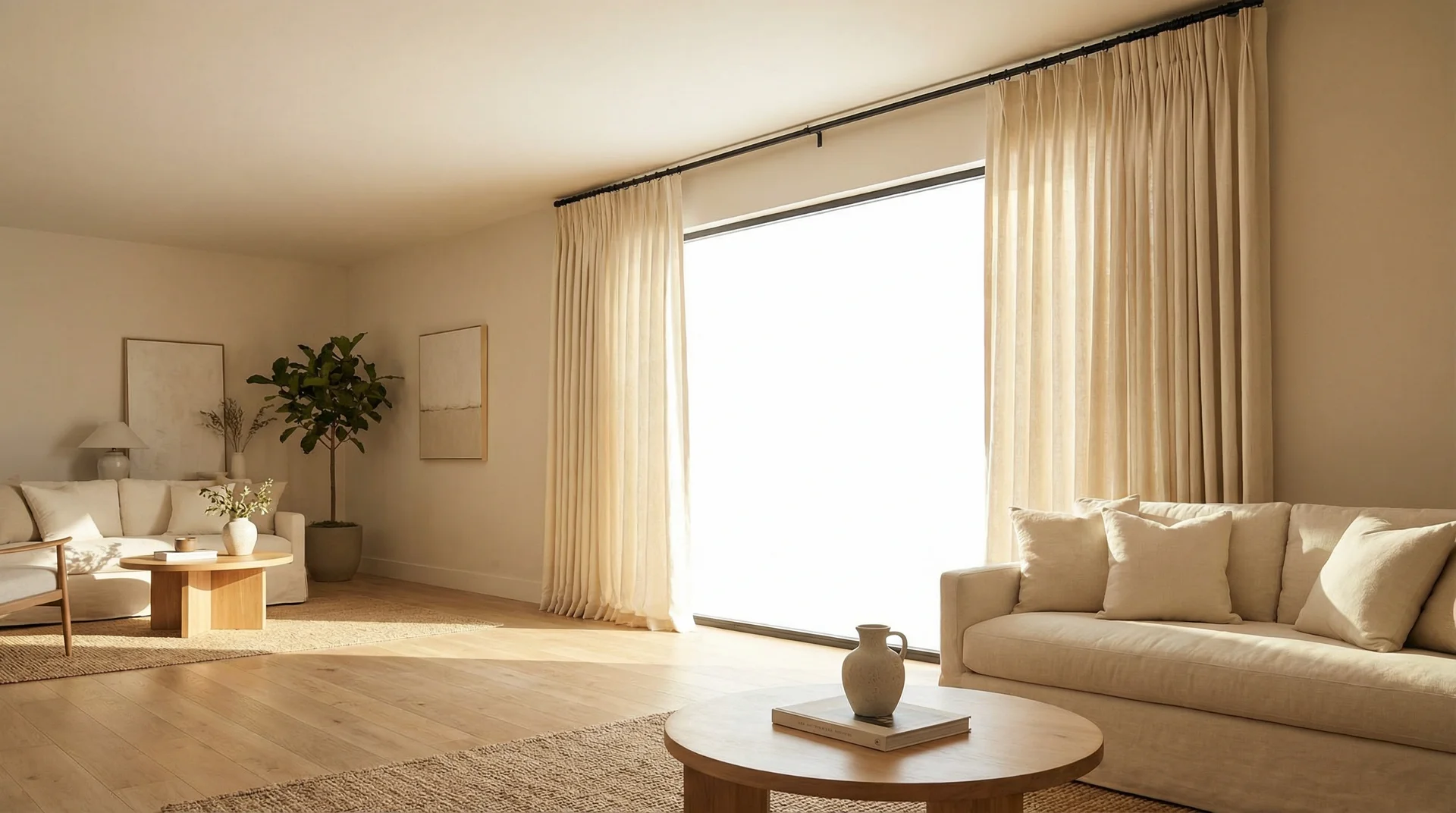 Floor-length natural linen curtains on a large living room window, hung close to the ceiling with panels stacked clear of the glass