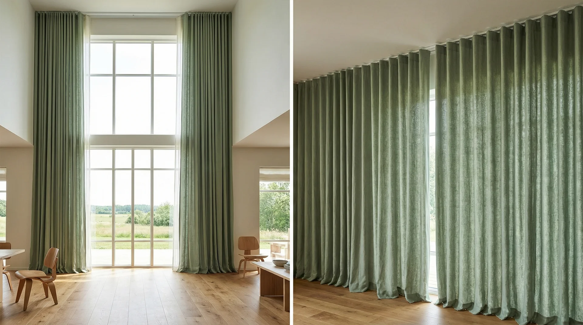 Floor-to-ceiling windows dressed in solid sage green linen curtains with
a wave heading on a ceiling track, falling in clean even folds.
