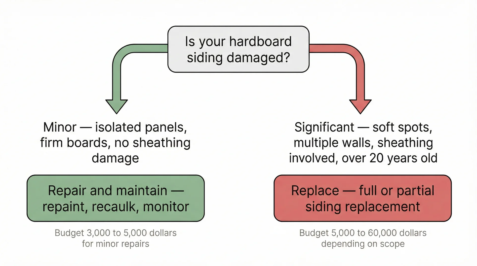 Flowchart decision guide for choosing between hardboard siding repair versus full replacement
