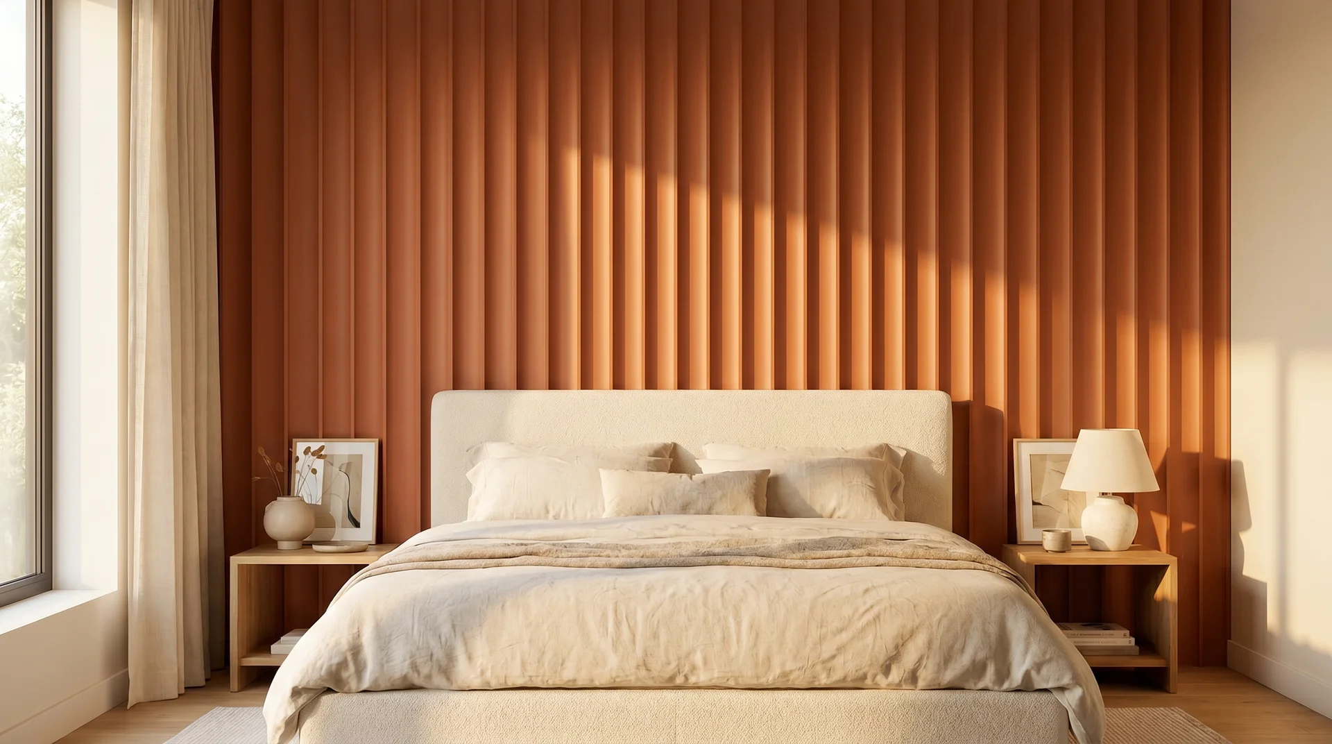 Fluted MDF panel feature wall painted in matte burnt orange with vertical grooves behind a white bed
