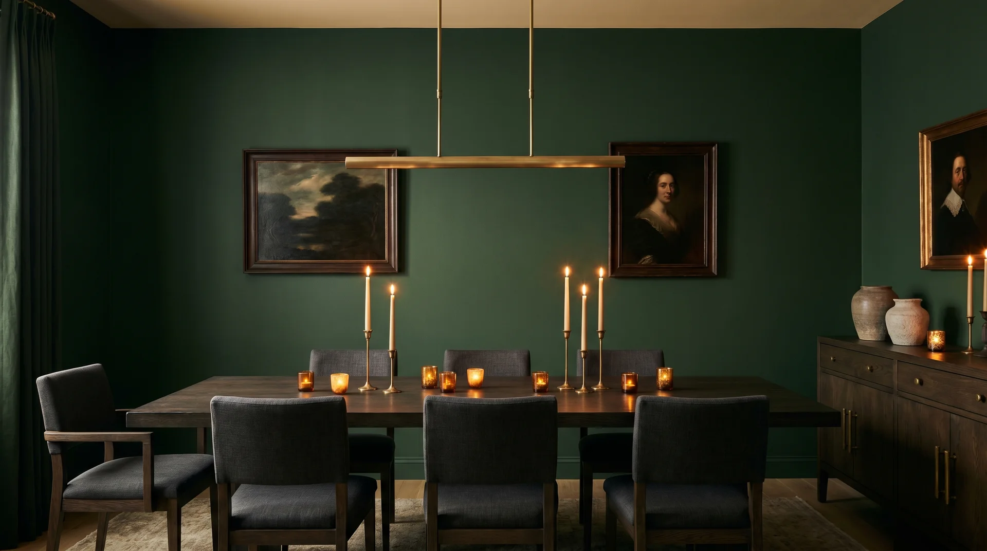 Formal dining room with forest green flat-painted walls lit by warm candlelight, showing the rich saturated depth only a flat finish creates
