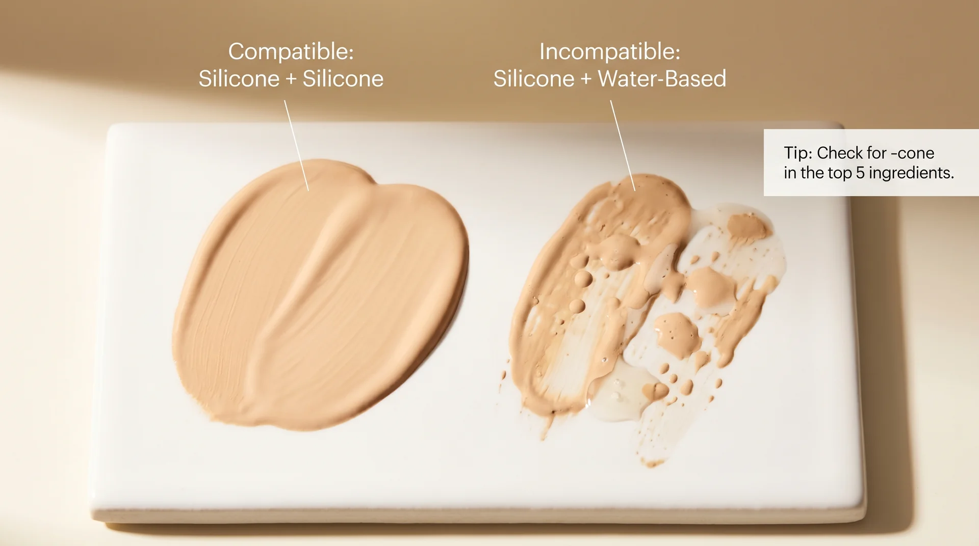Foundation swatch test: compatible formulas blend smoothly on the left, incompatible formulas separate on the right
