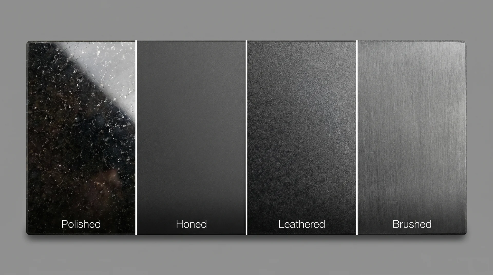 Four Black Galaxy granite finish options side by side labeled Polished, Honed, Leathered, and Brushed