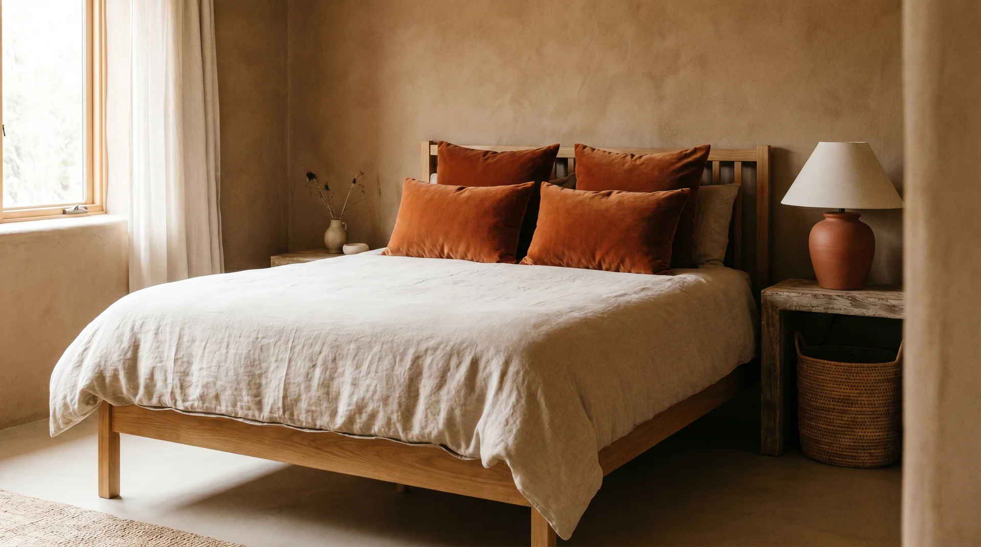 Four burnt orange velvet cushions on a natural linen bed with a ceramic terracotta lamp and wooden frame 