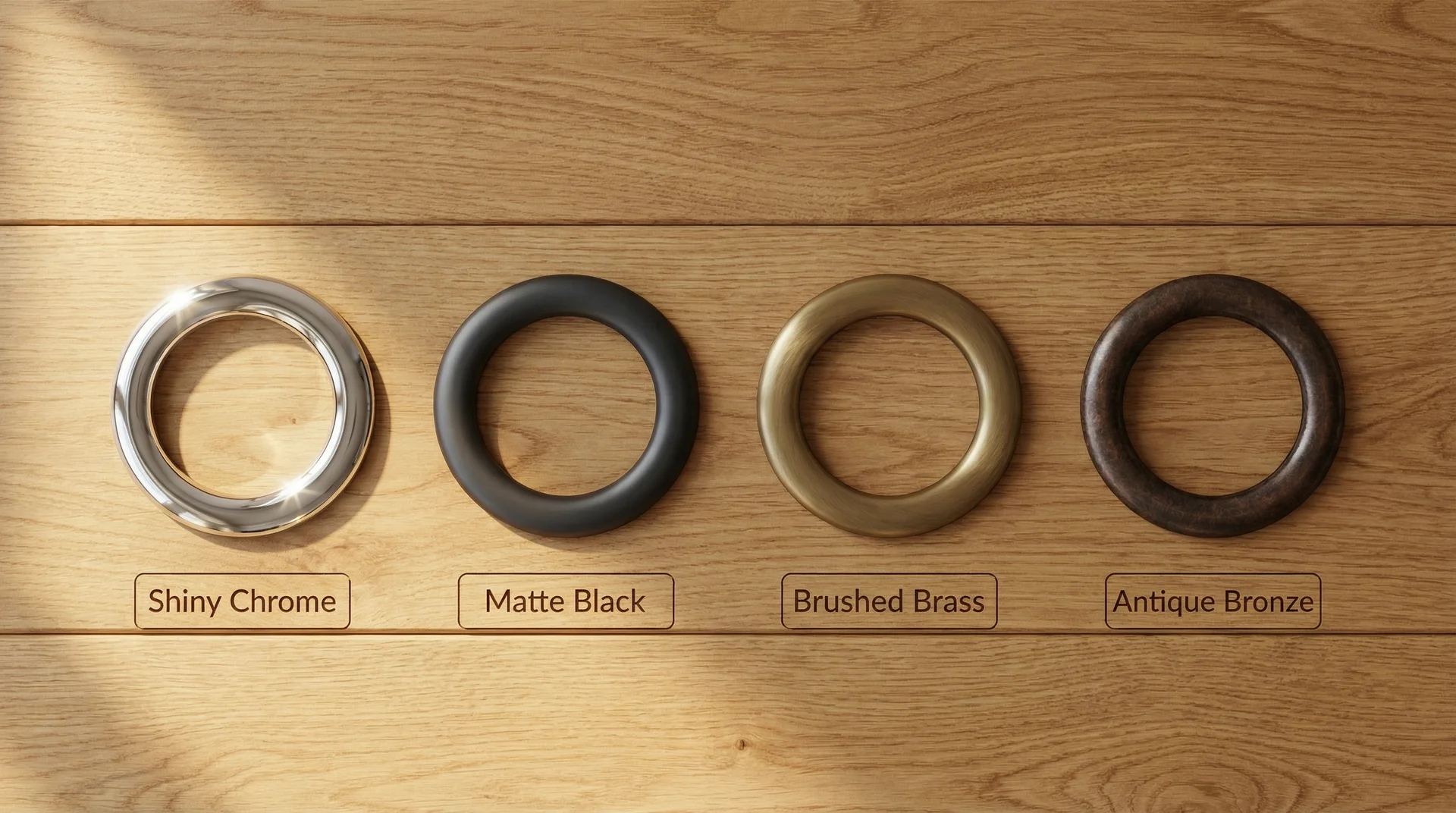 Four curtain grommet finishes compared: shiny chrome, matte black, brushed brass, and antique bronze
