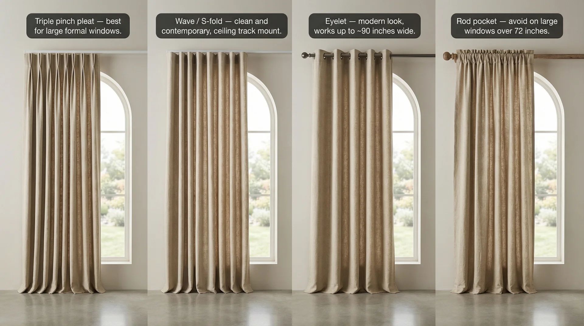 Four curtain heading styles side by side on large windows: pinch pleat,
wave, eyelet, and rod pocket, each labelled.
