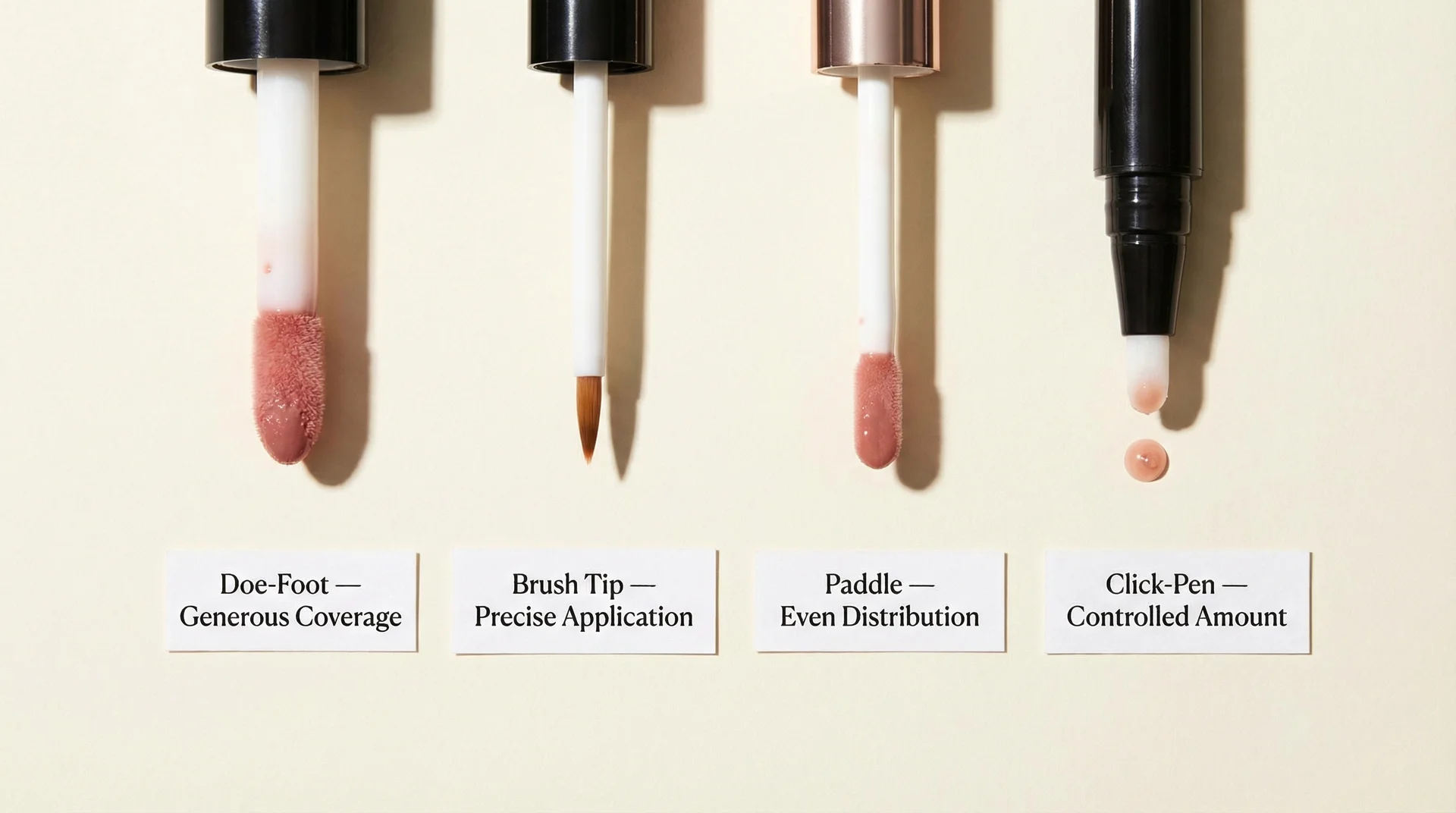 Four lip gloss applicator types laid flat with labels showing doe-foot, brush tip, paddle, and click-pen