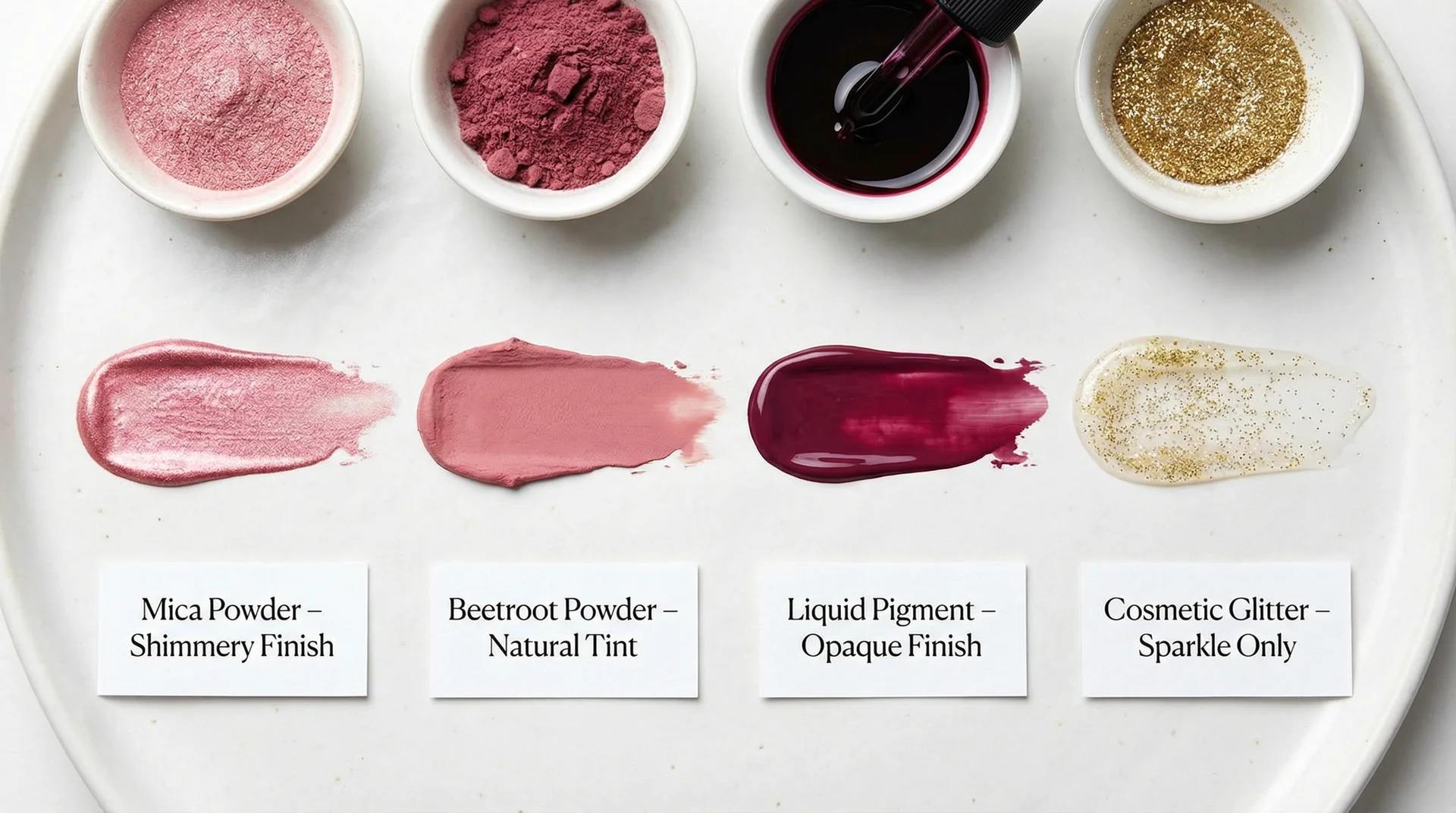 Four lip gloss colorant swatches on white ceramic showing mica powder shimmer, beetroot tint, liquid pigment, and cosmetic glitter finishes