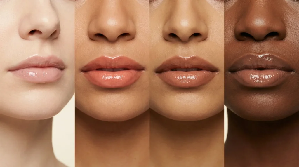 Four nude lip gloss shades worn side by side across fair, medium, olive, and deep skin tones