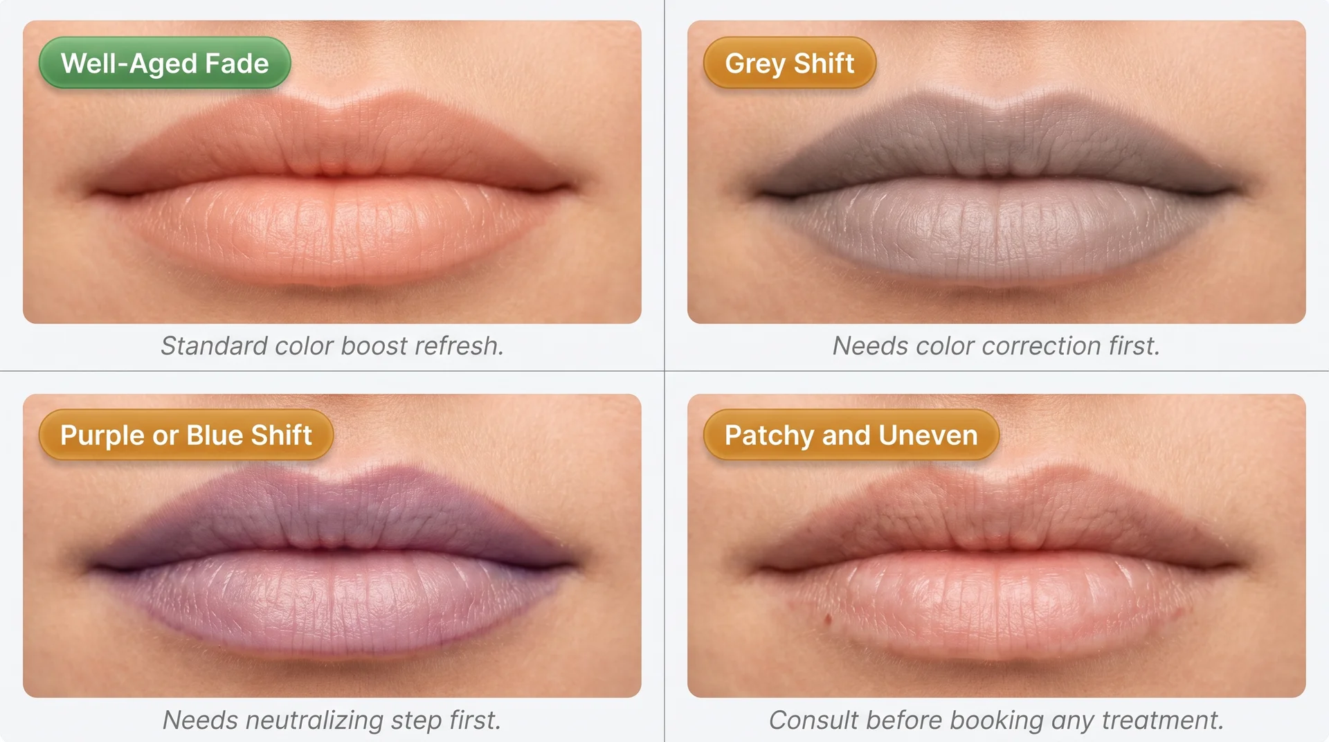 Four-panel comparison of lip blush fade types: well-aged, grey shift, purple shift, and uneven, with next steps labeled