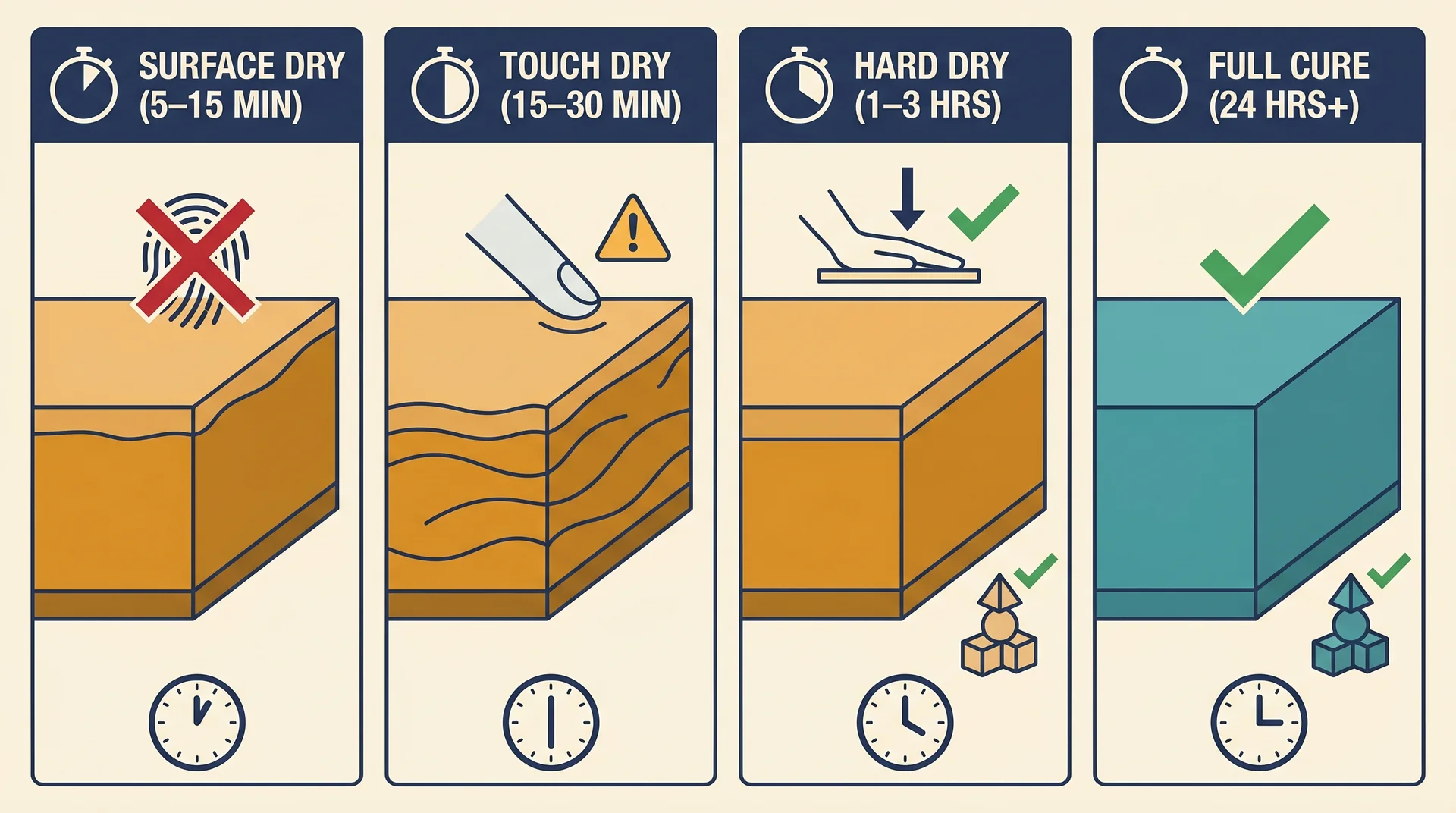 Four-panel diagram showing spray paint drying stages: surface dry, touch dry, hard dry, and full cure with timeframes 