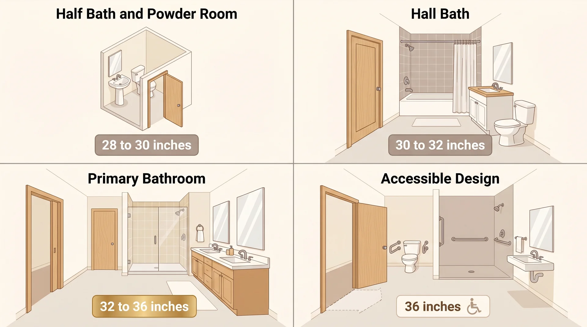 Four-panel guide showing door sizes from 28 inches for powder rooms up to 36 inches for accessible bathroom design