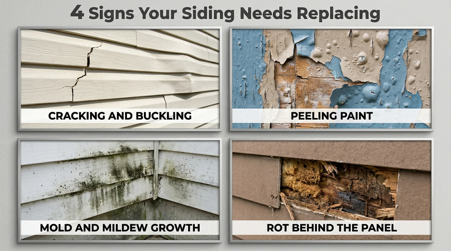 Four-panel image showing siding replacement warning signs: cracking, peeling paint, mold growth, and rot behind panels