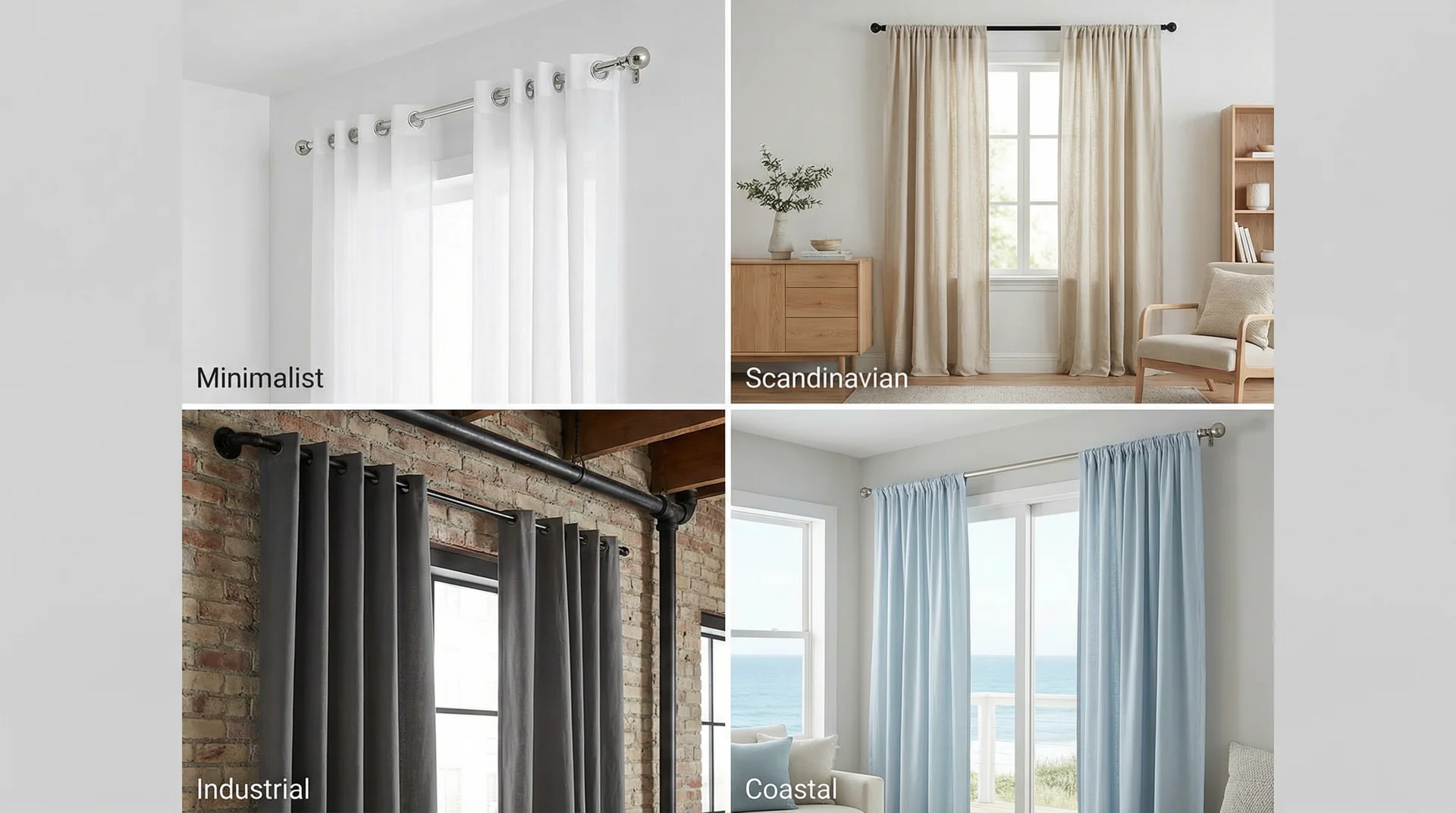 Four room vignettes showing grommet curtain styles for minimalist, Scandinavian, industrial, and coastal interiors