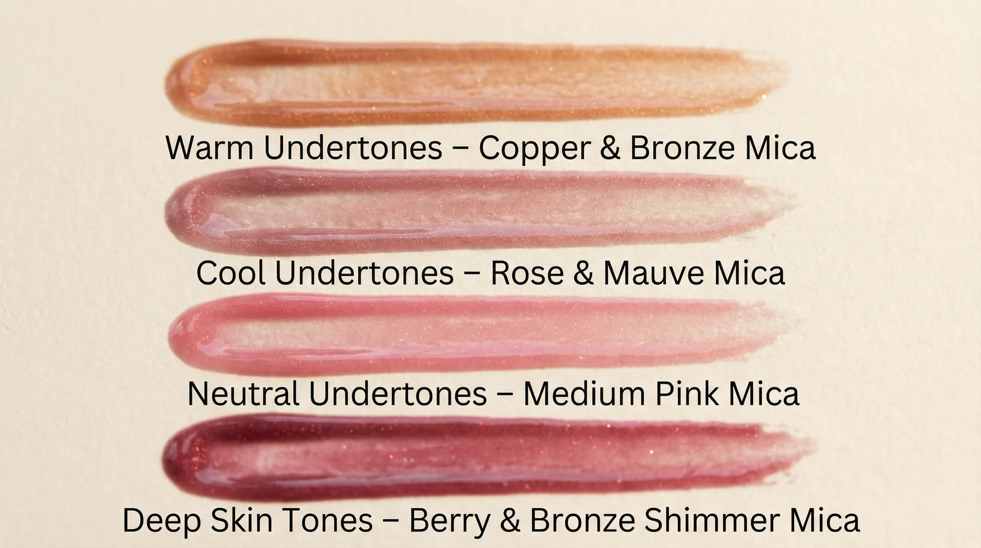 Four sheer lip gloss shade swatches for warm, cool, neutral, and deep skin undertones showing mica colour recommendations