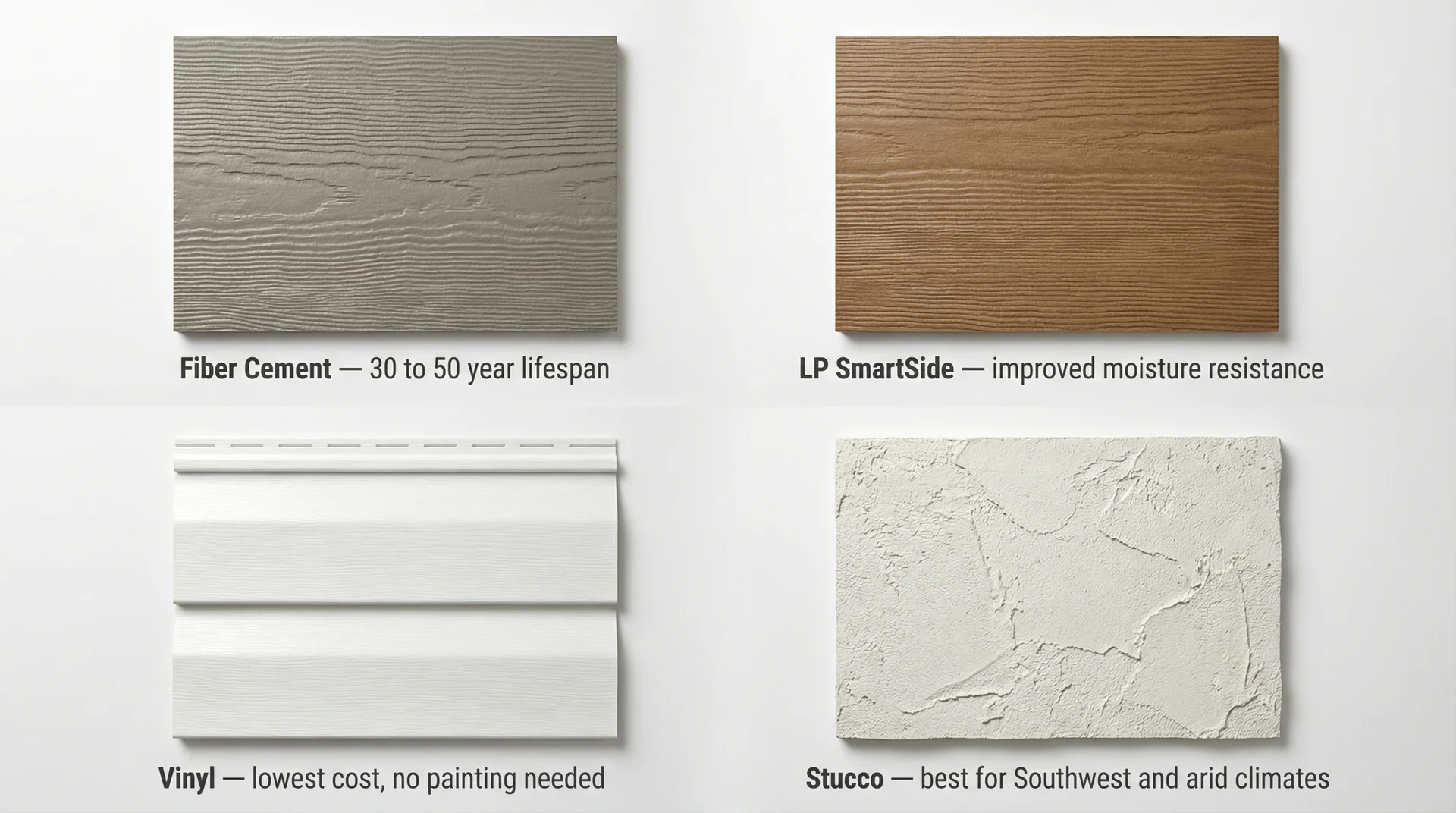 Four siding material replacement samples: fiber cement, LP SmartSide, vinyl, and stucco with lifespan labels

