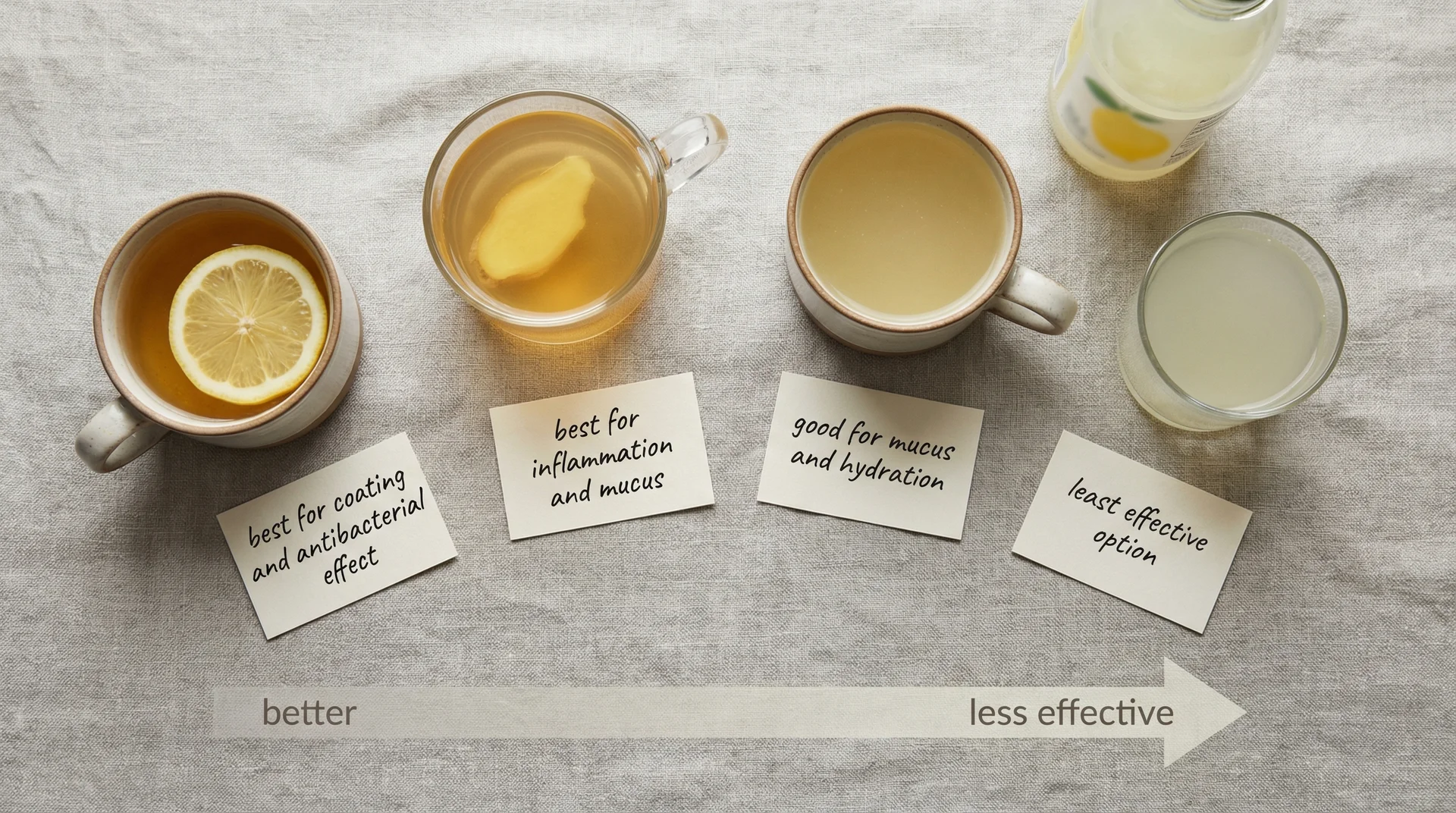 Four sore throat drinks ranked from most to least effective: honey lemon water, ginger tea, homemade lemonade, store-bought