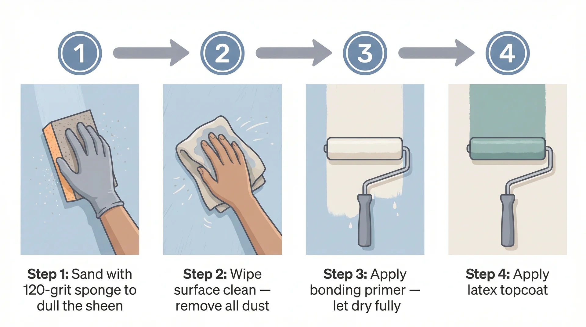 Four-step diagram showing how to apply latex paint over acrylic: sand, wipe clean, apply bonding primer, then apply latex topcoat