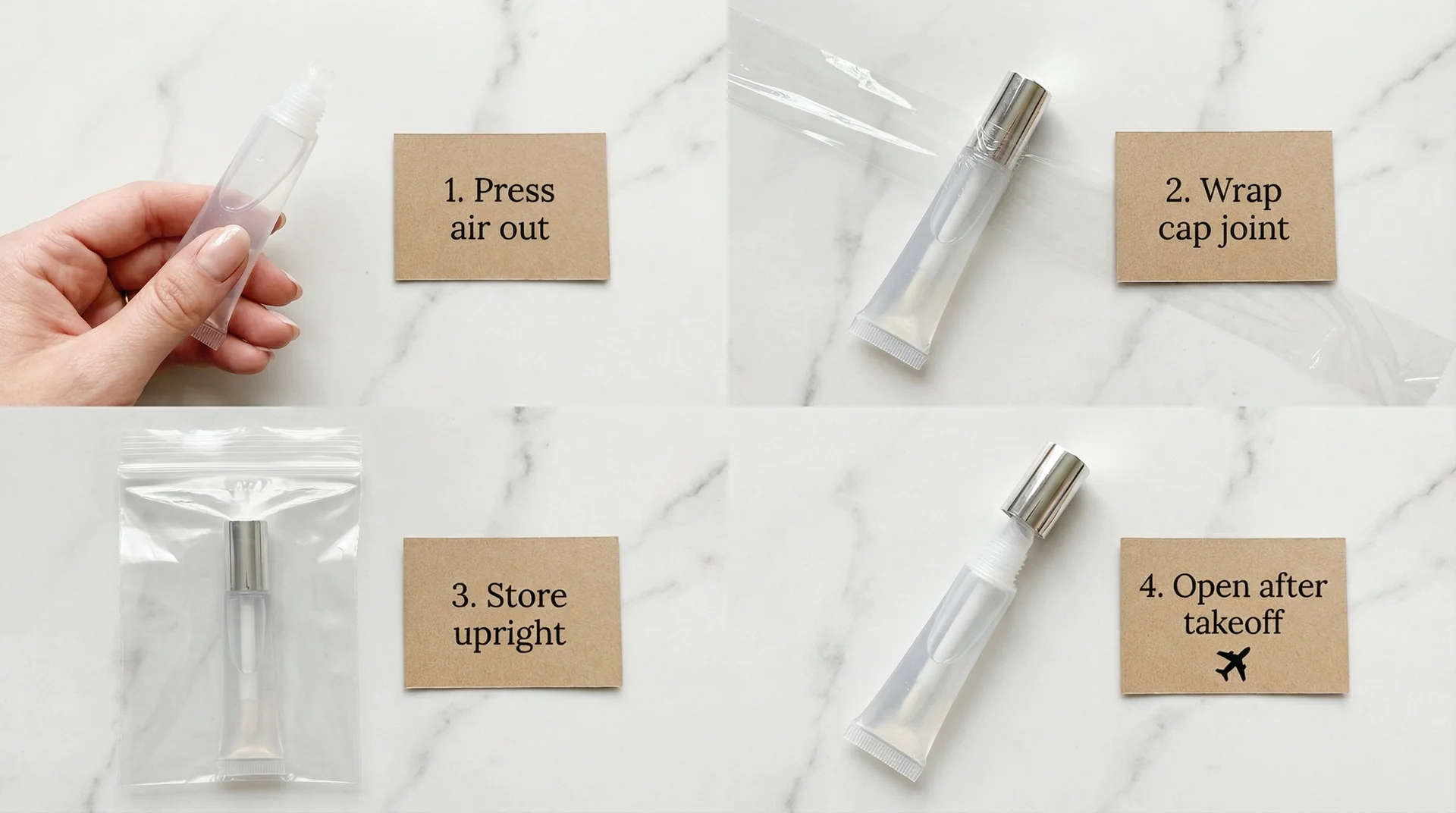 Four step guide showing how to press air out, wrap cap, store upright, and open gloss after takeoff to prevent leaks