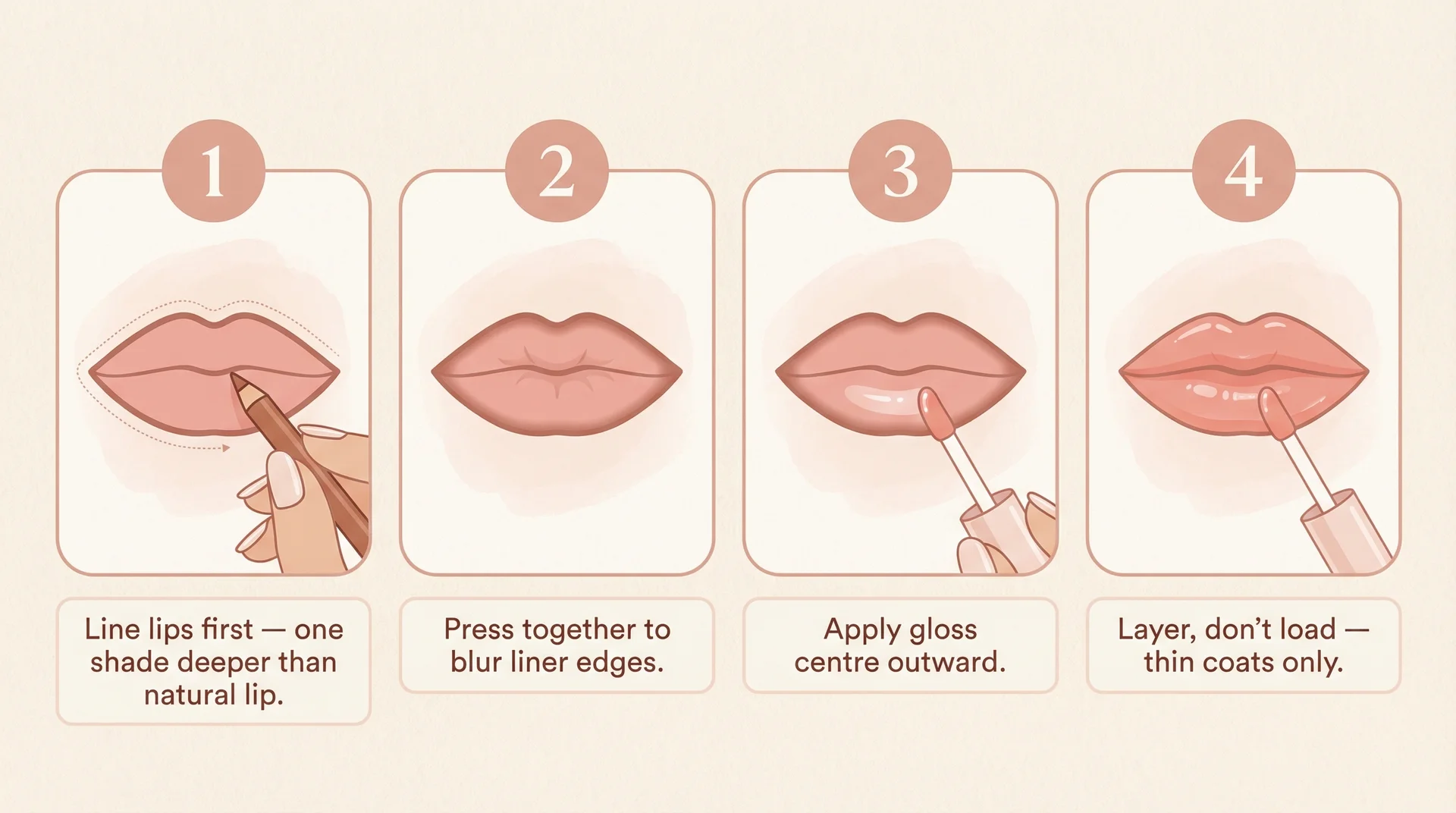 Four-step illustration for applying nude lip gloss from lining to layering for a natural finish 