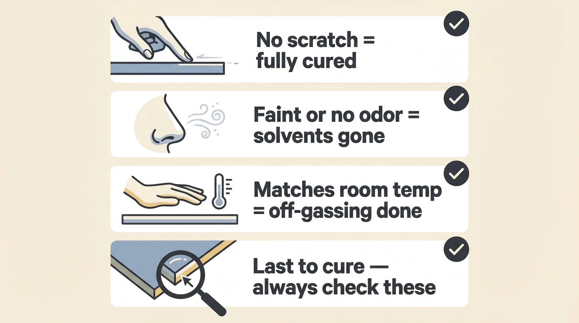 Four-step visual checklist for testing if spray paint is fully cured: scratch test, smell, surface temperature, and edge check