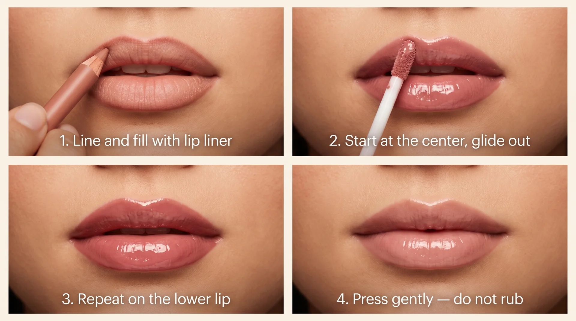 Four-step visual guide to applying lip lacquer starting with lip liner through to the finished glossy look.