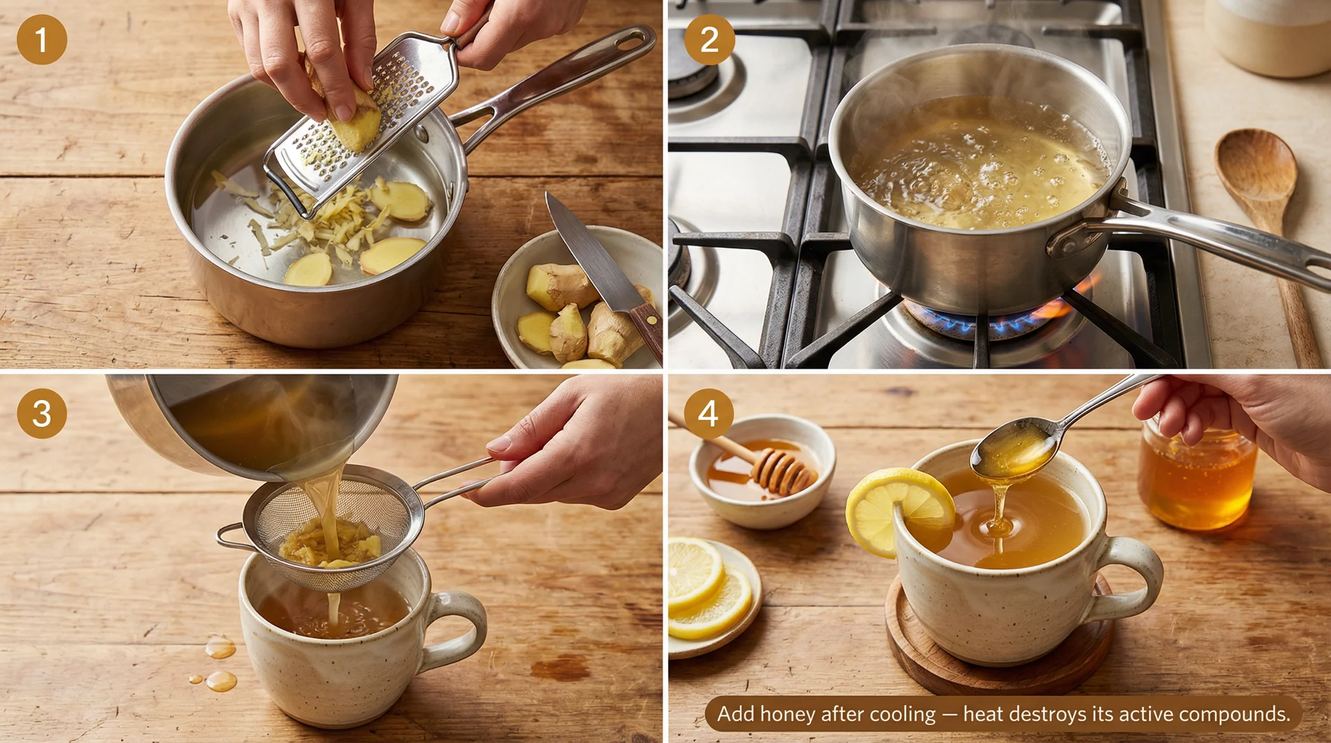Four-step visual guide to making ginger tea for sore throat: grate, simmer 10 mins, strain, then add honey off heat
