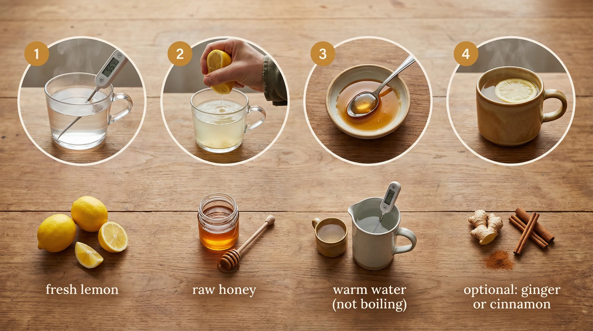 Four-step visual recipe for sore throat lemonade: warm water, fresh lemon juice, raw honey, finished warm mug