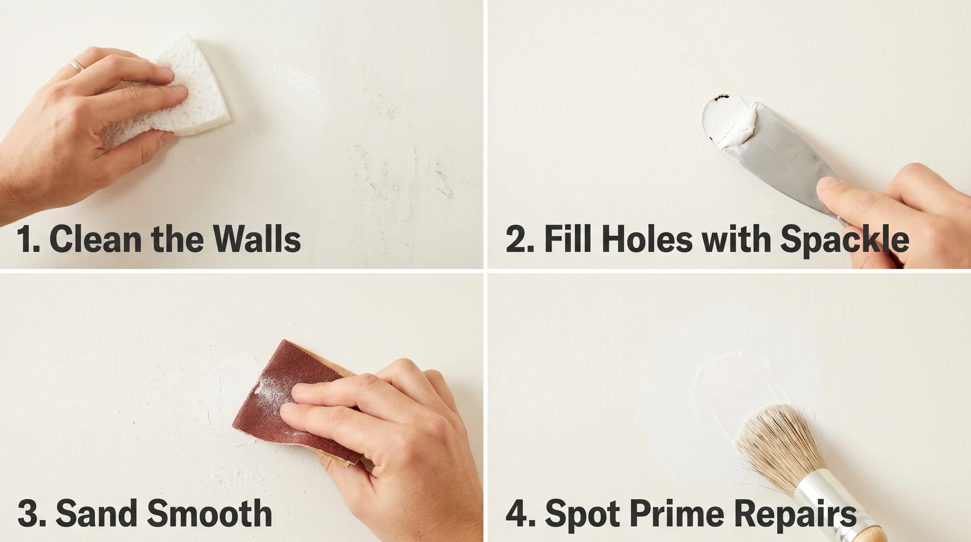 Four-step wall prep guide showing cleaning, spackling, sanding, and priming before applying flat paint to interior walls