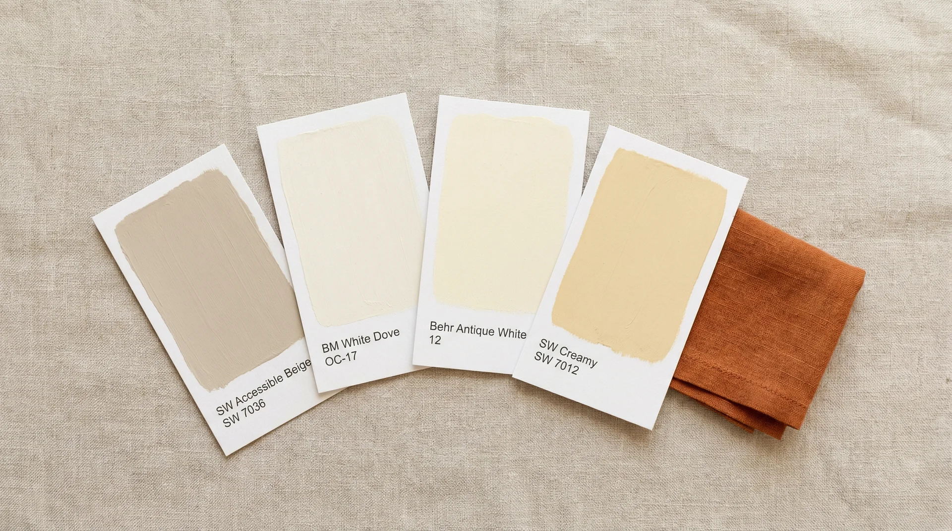 Four warm neutral paint chip cards from Sherwin-Williams, Benjamin Moore and Behr that pair well with burnt orange