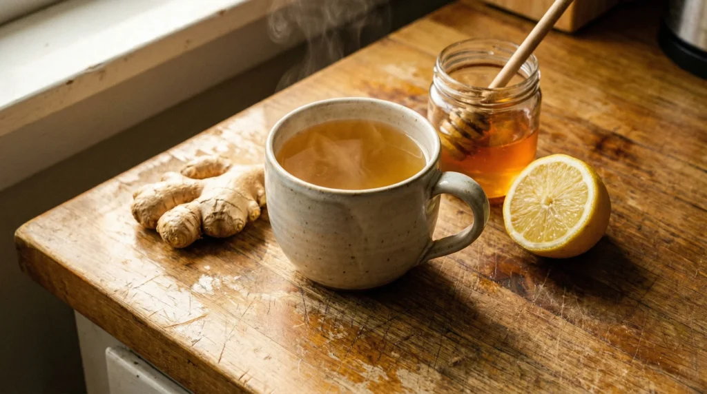 Fresh ginger tea with honey and lemon on a wooden surface, a natural remedy for sore throat relief