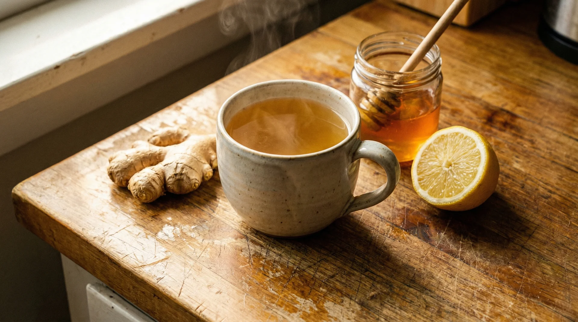 Fresh ginger tea with honey and lemon on a wooden surface, a natural remedy for sore throat relief