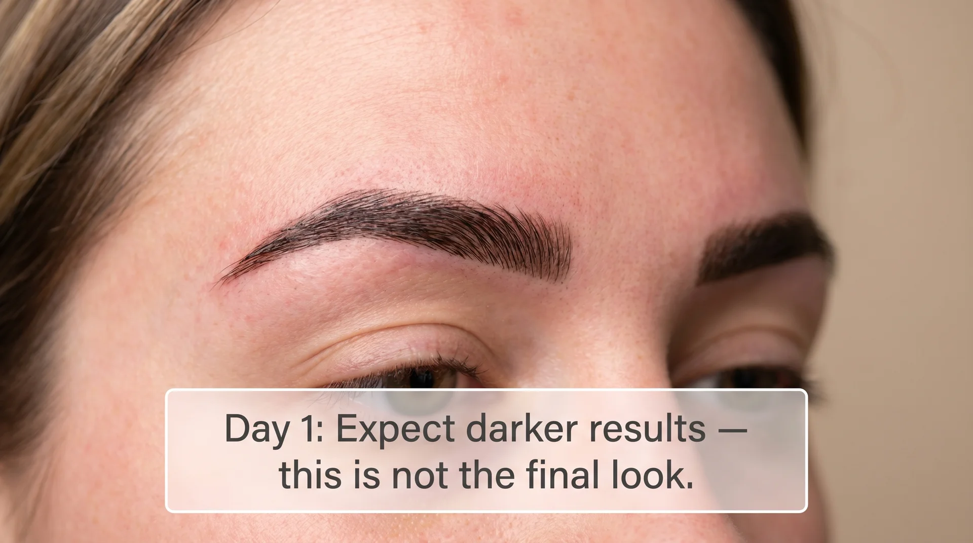 Freshly applied nano brows on day one showing dark, bold strokes before healing begins

