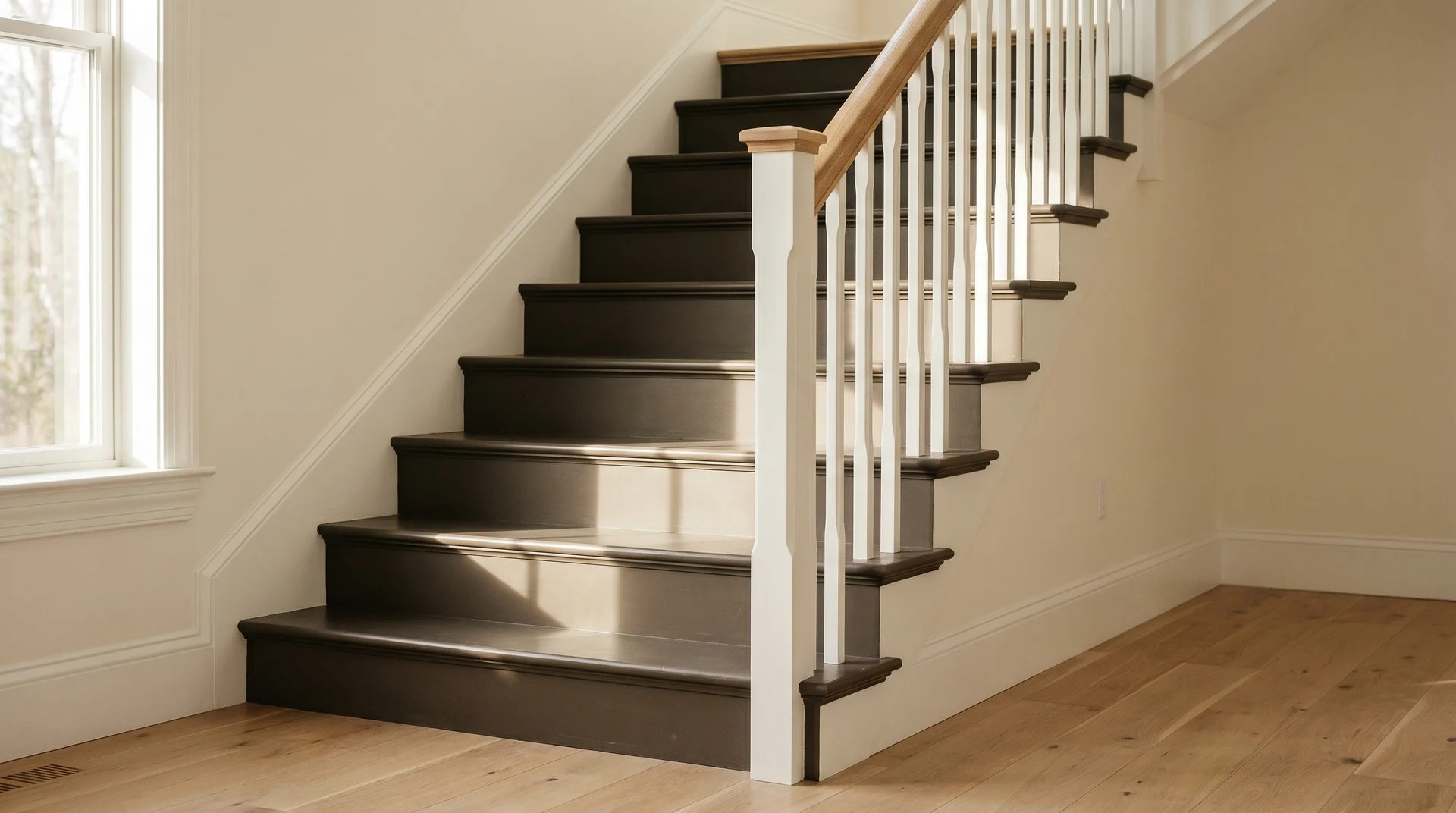 Freshly painted staircase with dark charcoal treads and white risers in a bright, light-filled residential entryway