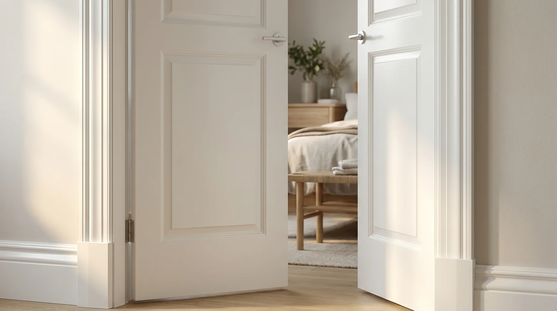 Freshly painted white interior door and baseboards with smooth urethane trim enamel finish in a modern home