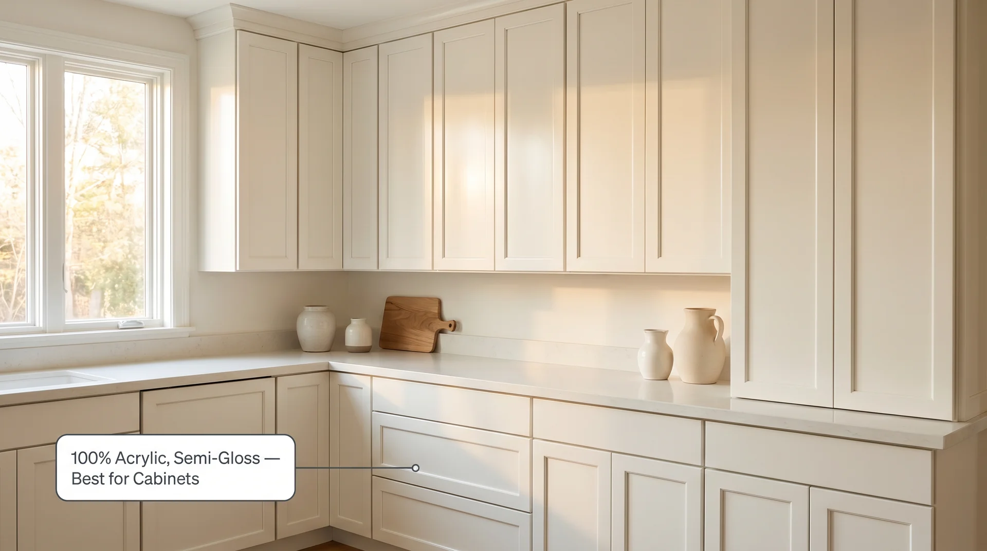 Freshly painted white kitchen cabinets in semi-gloss finish labeled as best suited for 100% acrylic paint application