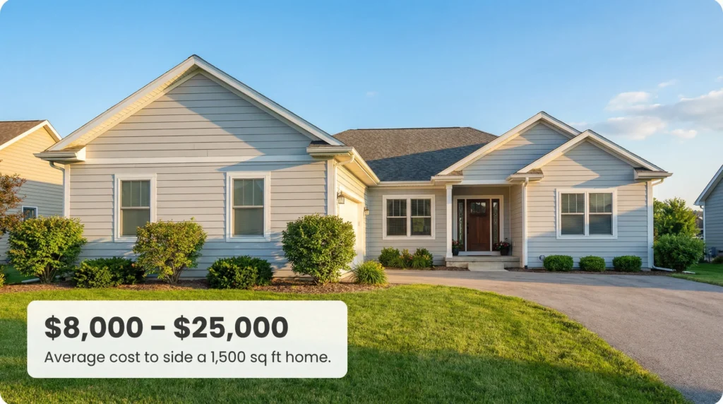 Freshly sided 1,500 sq ft suburban home with gray fiber cement siding showing average cost range of $8,000–$25,000