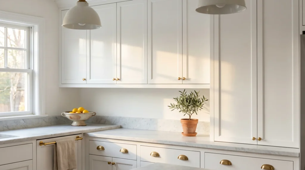 Freshly urethane-painted white kitchen cabinets with a smooth glass-like finish in a warm residential kitchen