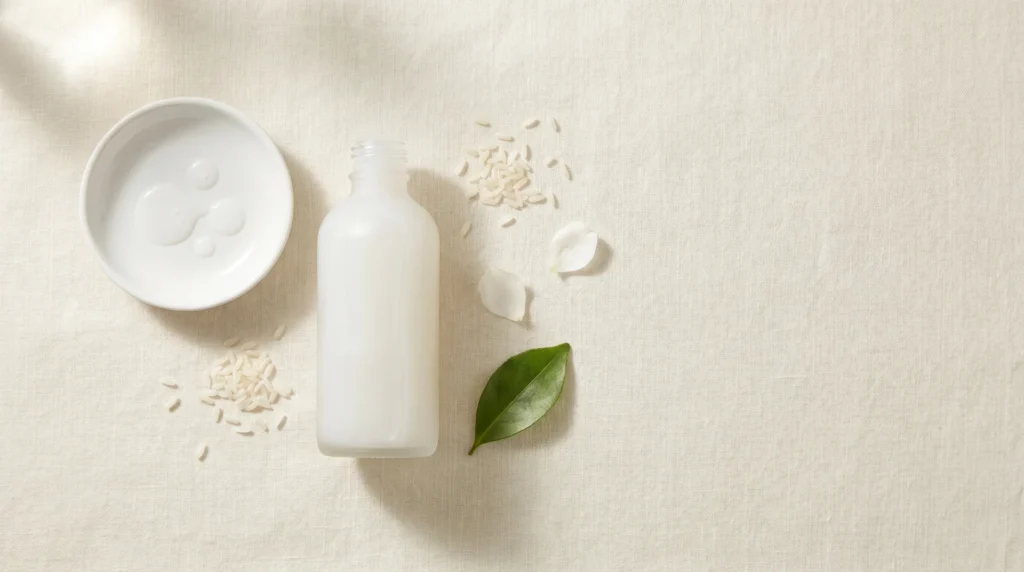 Frosted glass Korean milky toner bottle with rice grains and botanicals on cream linen