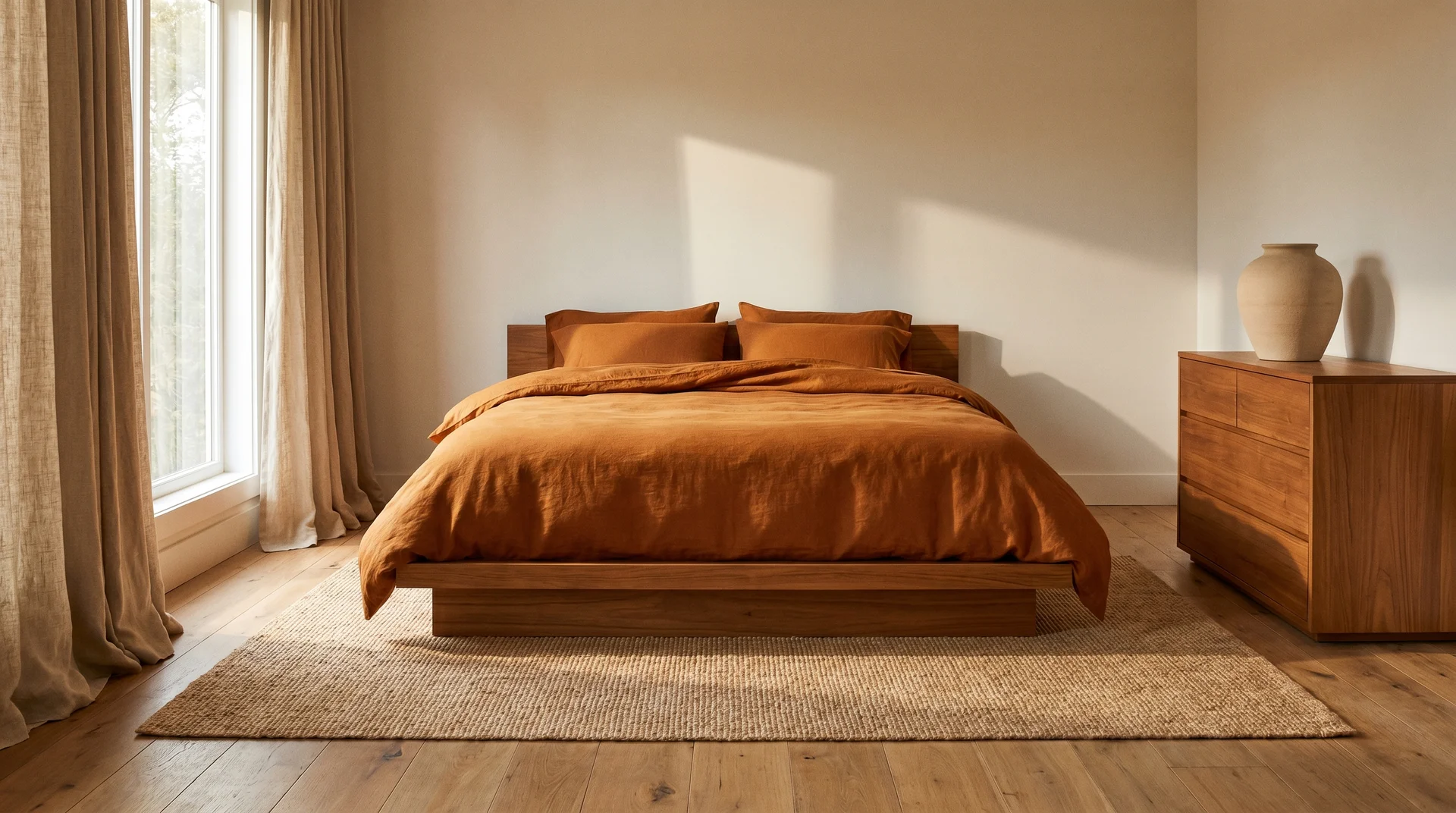 Full warm earth burnt orange bedroom with cinnamon linen duvet, teak bed, sisal rug, and linen curtains 